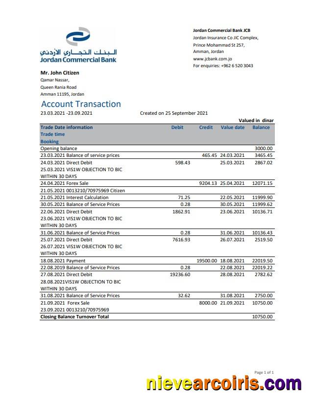 Jordan Commercial Bank JCB bank statement easy to fill in .xls and .pdf file format